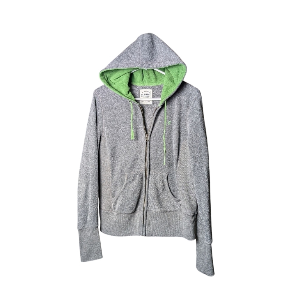 Old Navy Gray Hoodie Green Lining Women's L Drawstring Hood Full Zipper Front - Picture 4 of 10